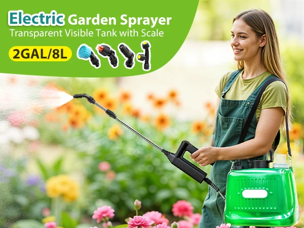 2 Gallon Battery Powered Sprayer,Garden Sprayer with 3 Adjustable Pressures & Telescopic Wand, Rechargeable Electric Weed Sprayer for Lawn, Yard,4 Nozzles Included