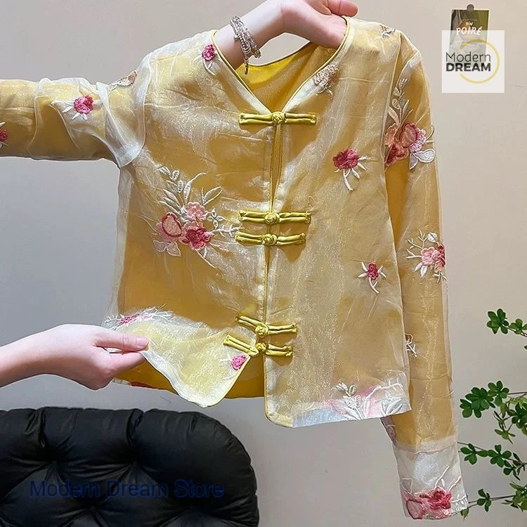 

Chinese folk style embroidered buckle long sleeve shirt women's spring and autumn thin coat retro design high temperament coat