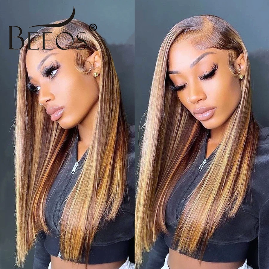 BEEOS 34in Honey Blonde Highlight 13x6 Full frontal HD Lace Wigs Straight Bleached 5x5 HD Lace Closure Wigs 100% Wigs For Women