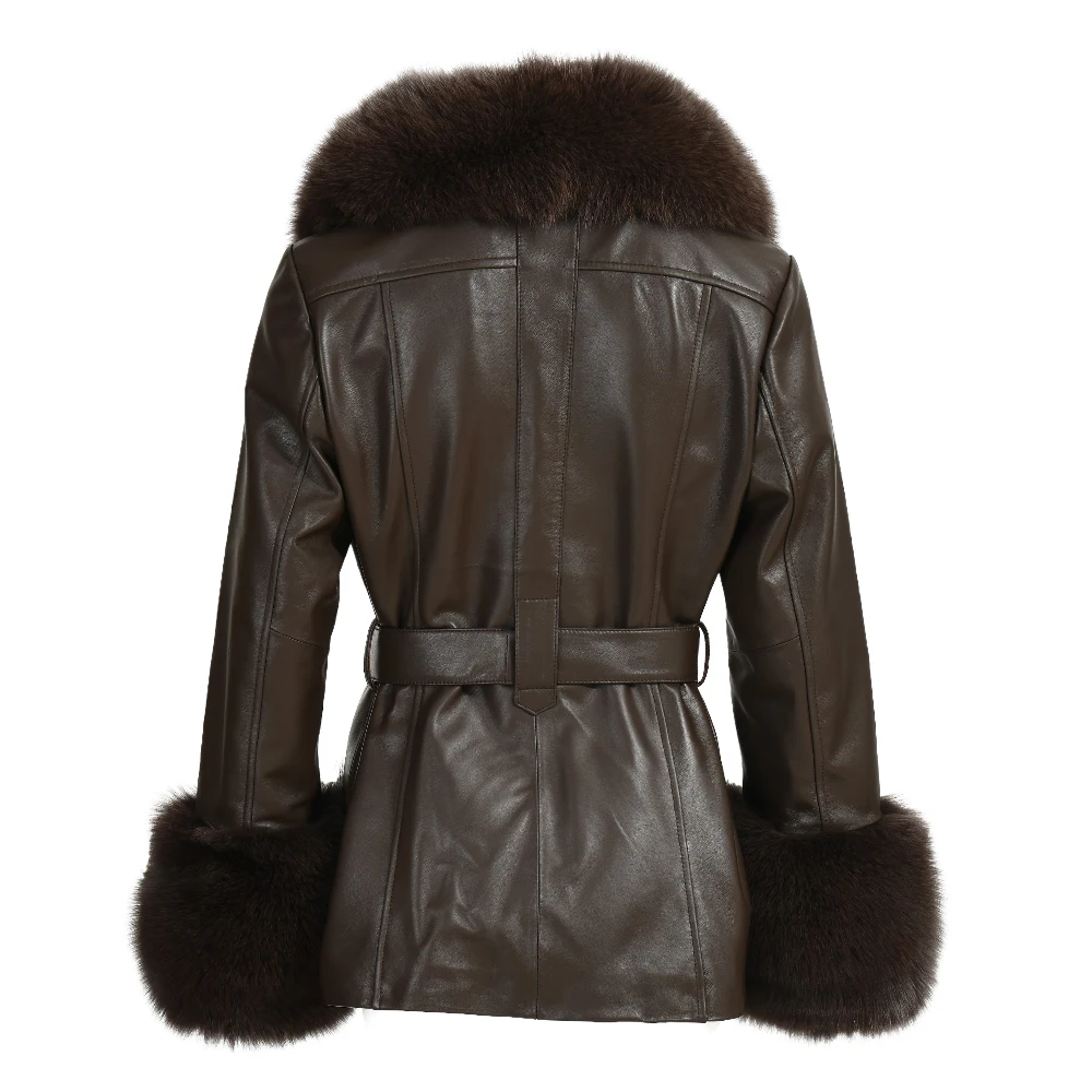 Jaxmonoy Trench da donna in vera pelle con collo in vera pelliccia di volpe cappotto da donna in pelle di pecora autunno inverno capispalla moda femminile