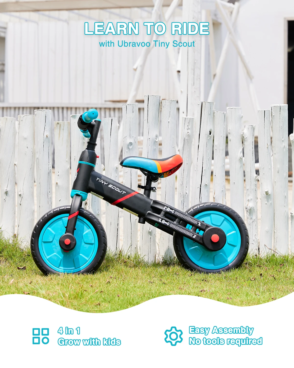 UBRAVOO Tiny Scout Balance Bike 3 4 5 anni, 4-in-1 con ruote e pedali di supporto opzionali, sella regolabile in altezza, JL102