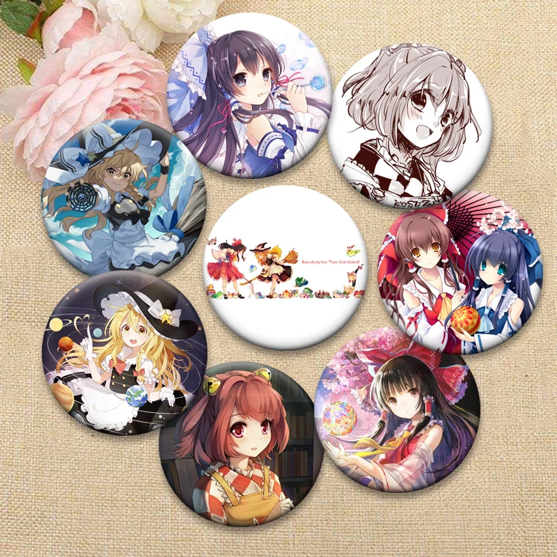 Hakurei Reimu,Motoori Kosuzu,Kirisame Marisa Cartoon Badge Cute Anime Girl Lapel Pin Touhou Project Round Brooches for Bag Decor