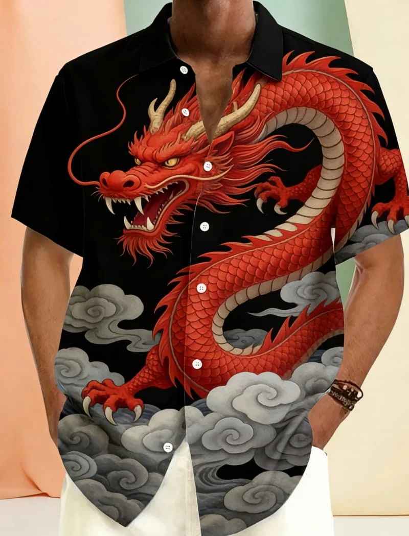 Men's Luxury Stylish Premium Mythical Print Short Sleeve Shirt Casual Fashion For Beach Vacations And Summer Style