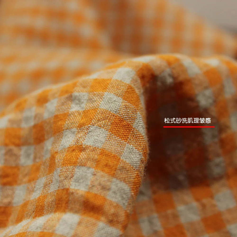 Orange Plaid Artistic Pure Linen Fabric Cheongsam Dress Shirt Clothing Pants Designer Fabric