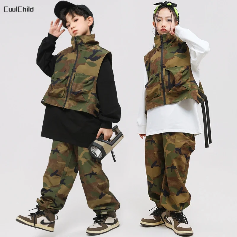 Boys Streetwear Girls Hip Hop Camouflage Vest Cargo Pants Children Military Jazz Clothes Sets Kids Street Dance Costumes Outfits