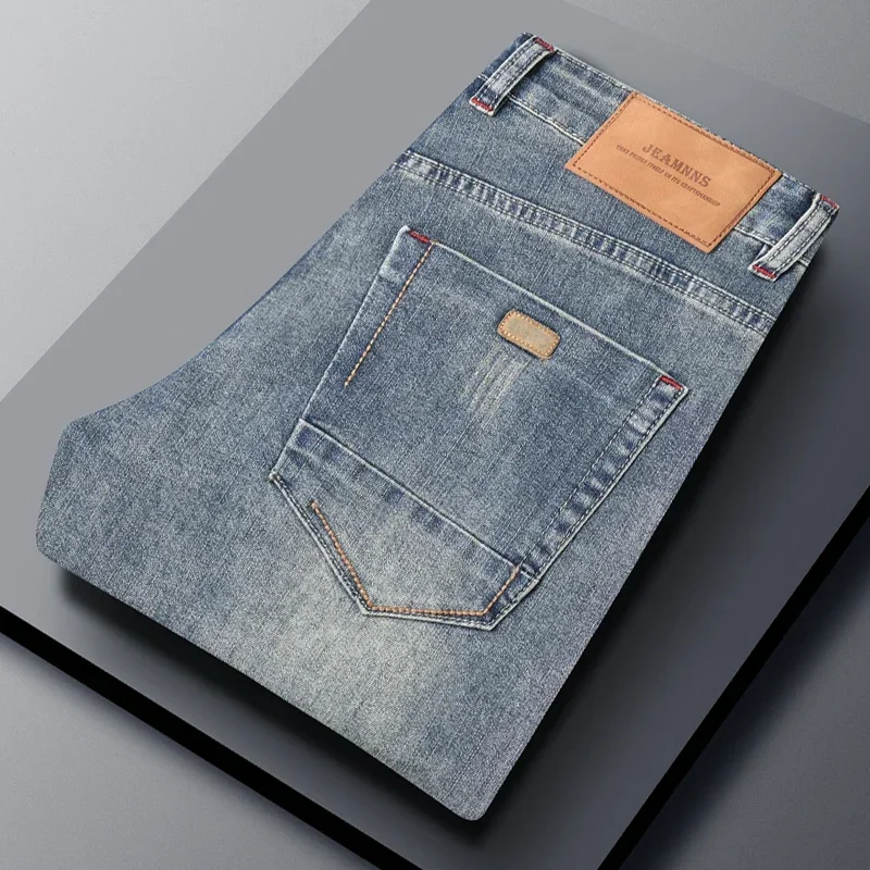2026 New Men's Slim Fit Casual Jeans Elastic Waist Classic Gray Fitted Straight Business Trousers Denim Pants Brand Clothes