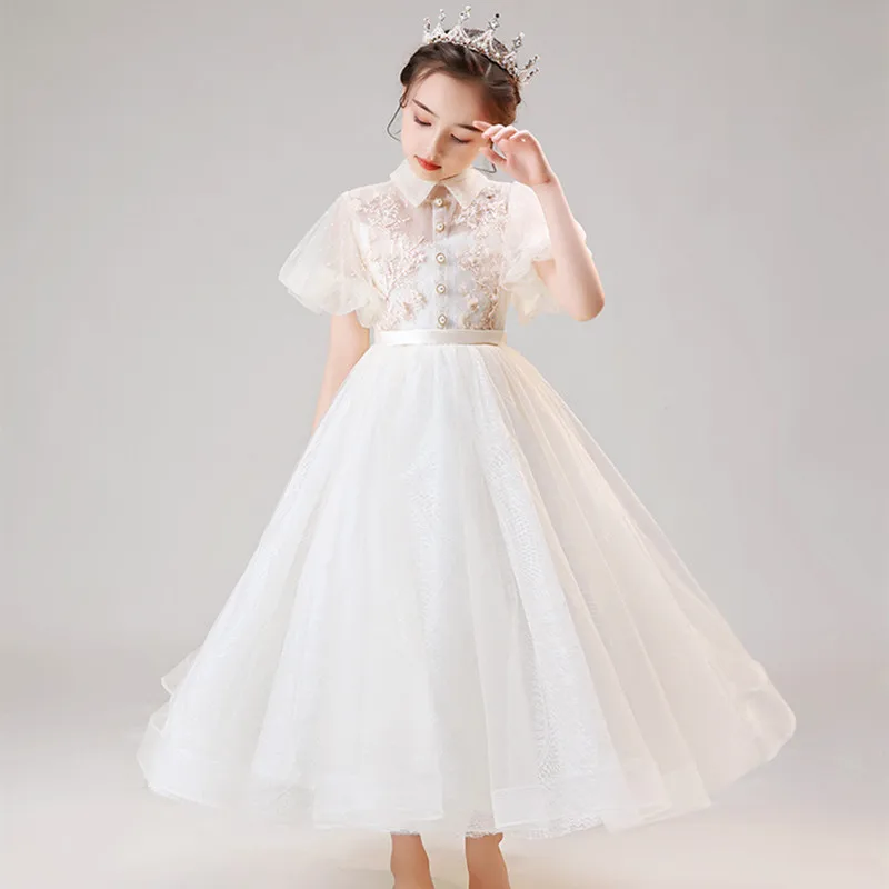 White Elegant Dress for Young Girls Kids Flower Appliques Ball Gowns Children Baptism Pageant Birthday Formal Party Vestidos