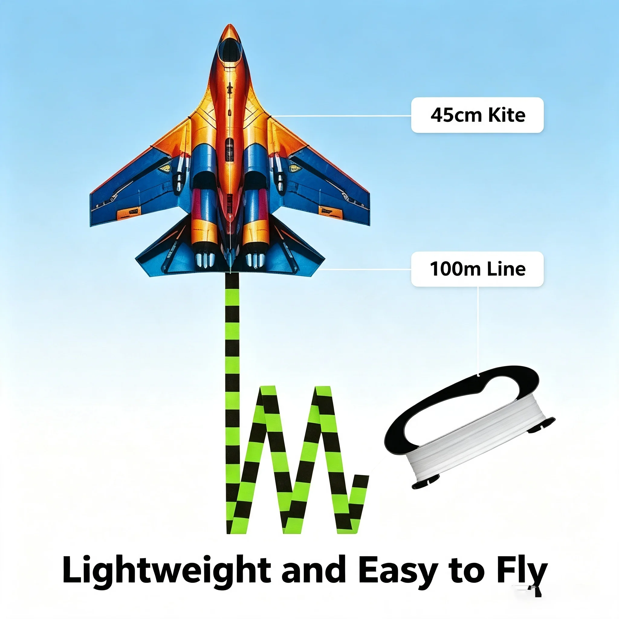 HTMCK Fighter Jet Kite 45cm Large Plane Kite With 100m Line Handle Outdoor Sport Flying Kites For Kids Adults Beach Park Easy To view 5