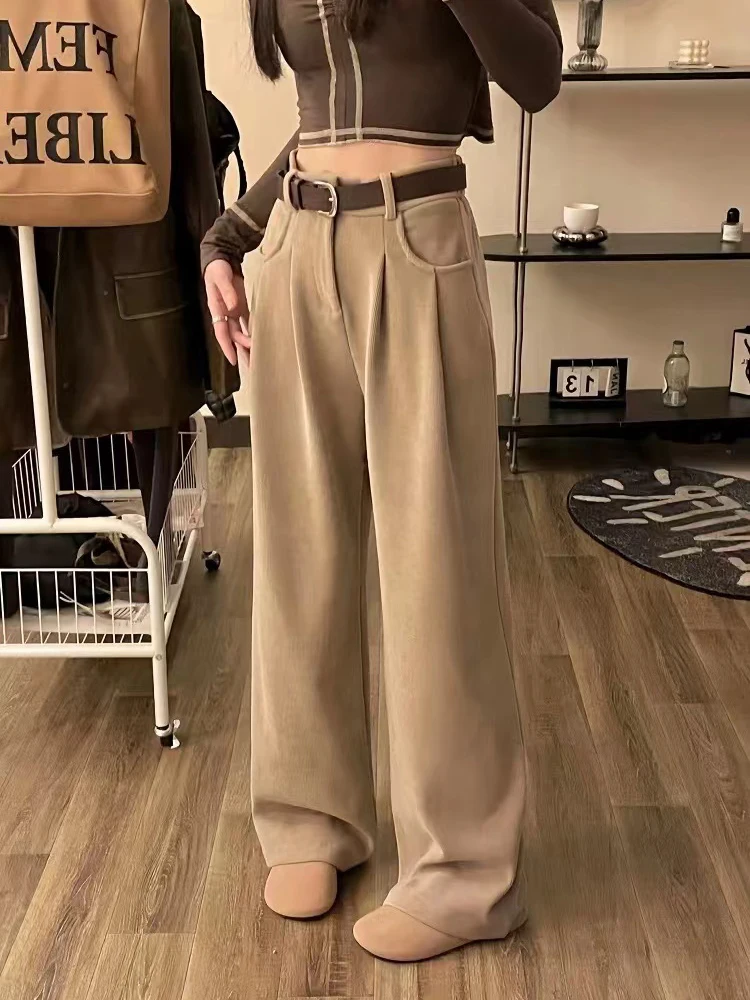 Pantalon en velours côtelé vintage avec ceinture pour femme, pantalon décontracté, pantalon droit, taille haute, jambe large assortie, streetwear coréen, fjAutumn