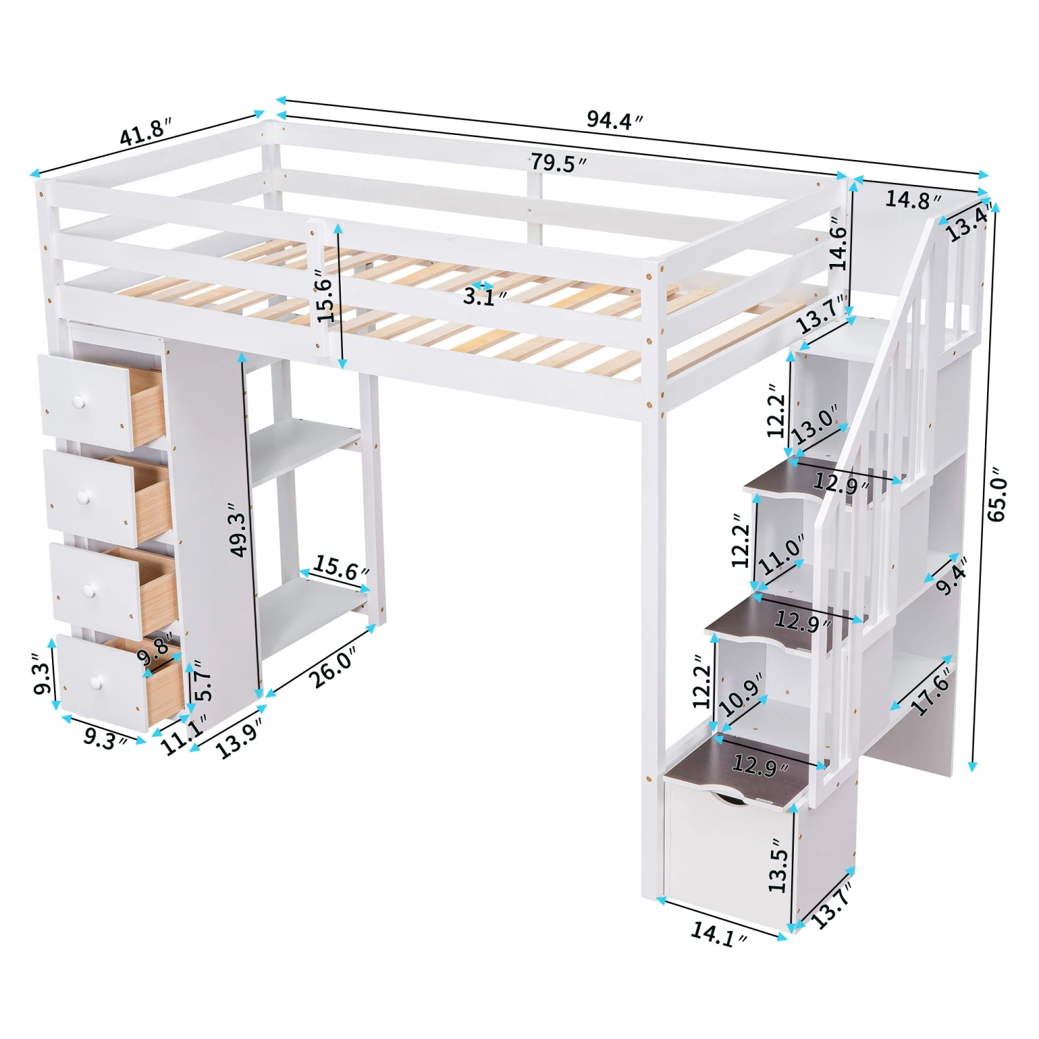 

Twin Size Loft Bed with Storage Drawers and Stairs, Wooden Shelves - White