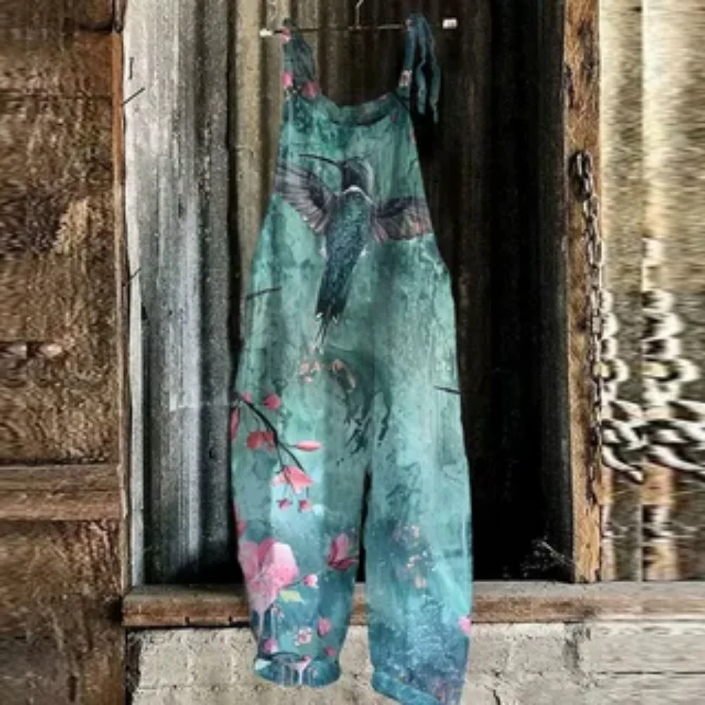 Summer 2025 women's jumpsuit, 3D bird print fashionable, cute and versatile jumpsuit, adjustable shoulder straps