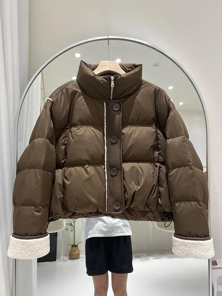 Women lamb fur splicing design sense white duck down jacket trendy winter new thick warm color blocking down jacket