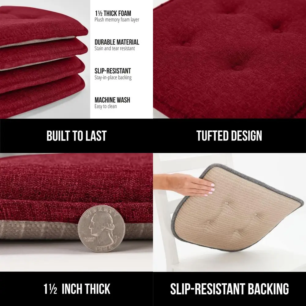 

Memory Foam Dining Chair Cushions, Non-Slip, No Ties, Set of 4, 16x17, Wine for Kitchen, Office, and Home Decor