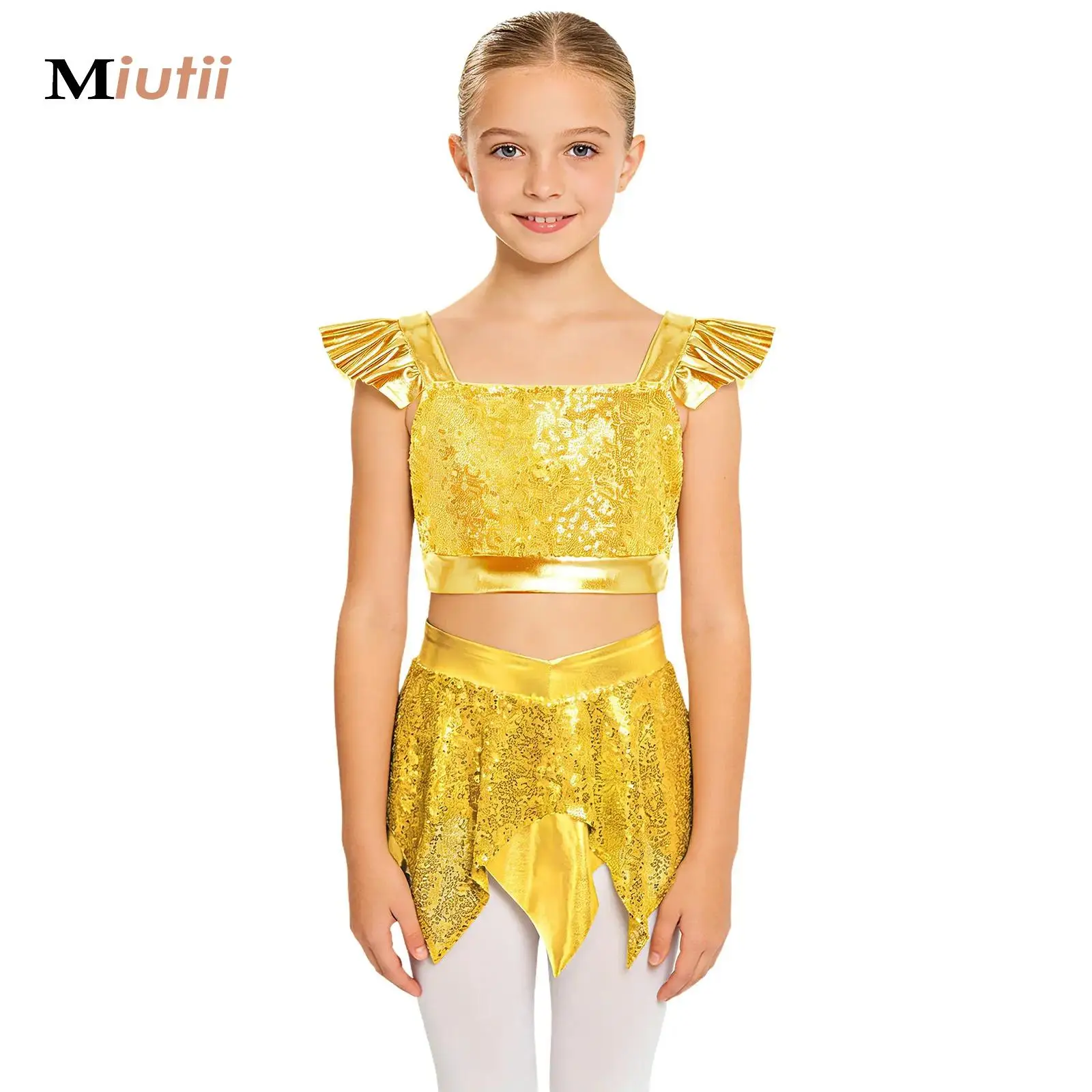 

Sequins Ballet Dance Set for Kids Girls Sleeveless Hip Hop Jazz Dance Crop Top with Tutu Skirt Outfits Performance Costumes