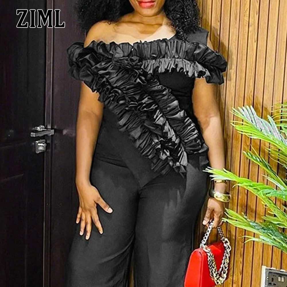 

ZIML Solid Irregular Ruffles Slimming T Shirts for Women Diagonal Collar Off The Shoulder Sleeve Fashion Tops Female Summer New