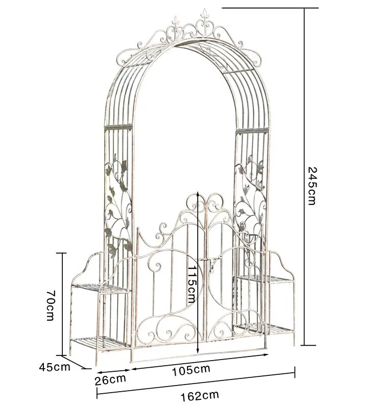 Retro old outdoor wrought iron rose climbing vine bracket arch flower stand garden with door terrace courtyard decoration