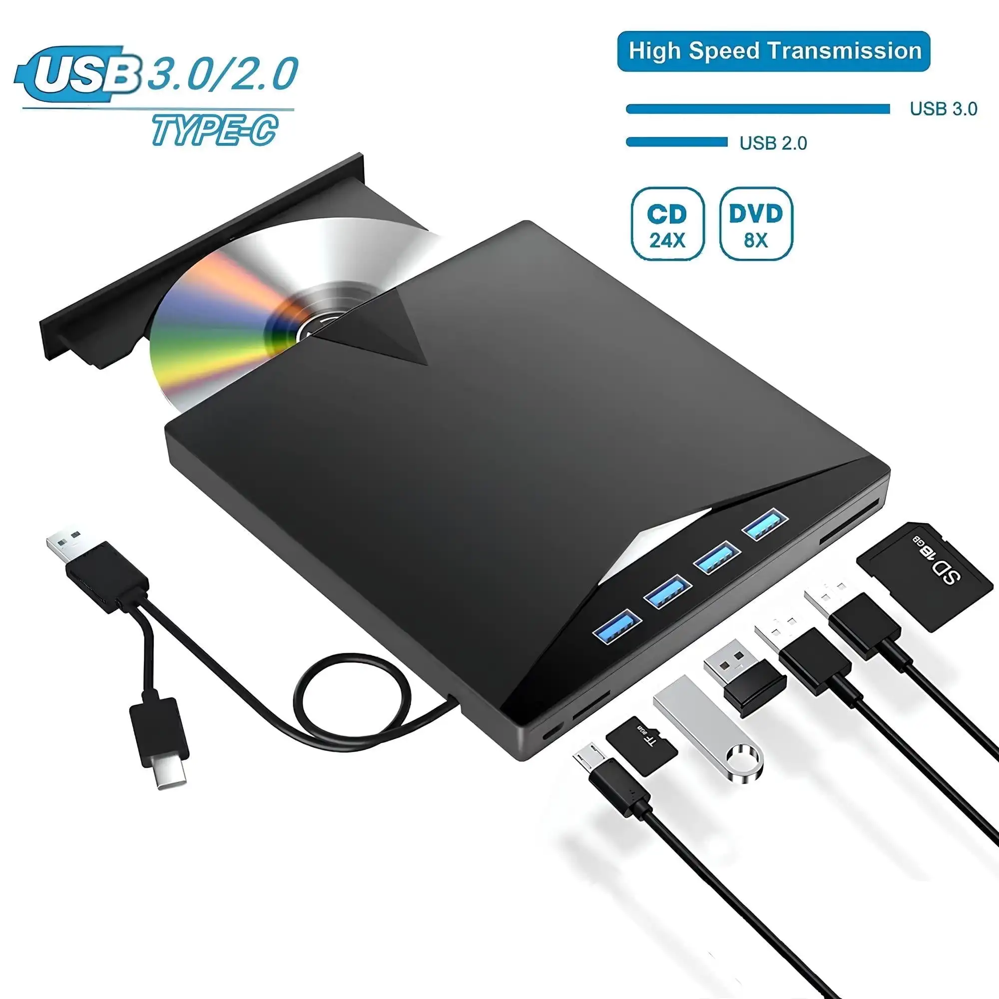 

Внешний привод CD DVD для ноутбука 7 в 1 USB 3.0 Type C Внешний DVD-плеер Портативная записывающая машина CD/DVD ROM Оптический привод