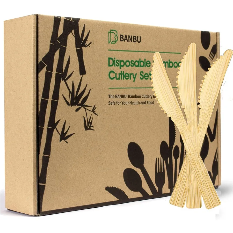 

Бамбуковая одноразовая посуда, 200 шт., бамбуковый нож, одноразовые дорожные столовые приборы, ножи, 100% биоразлагаемые, компостируемые, возобновляемые, натуральные