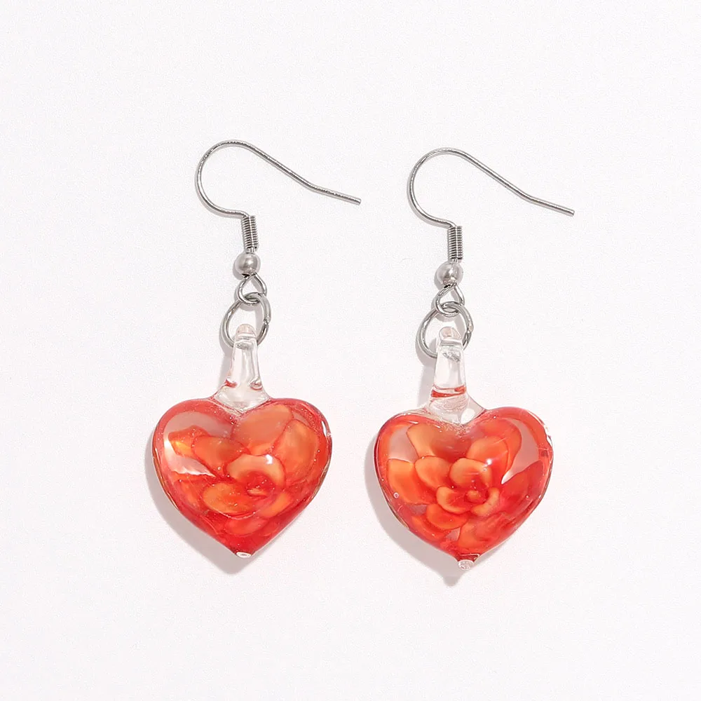 QianBei hecho a mano Murano Murano cristal mezcla de colores mujer flor cristal corazón colgante pendientes de verano nuevo
