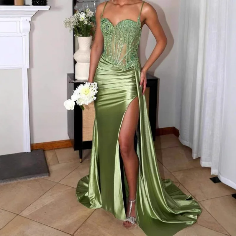 

Атласное платье 2025 года, новое зеленое сексуальное длинное вечернее платье для выпускного вечера на бретельках для женщин