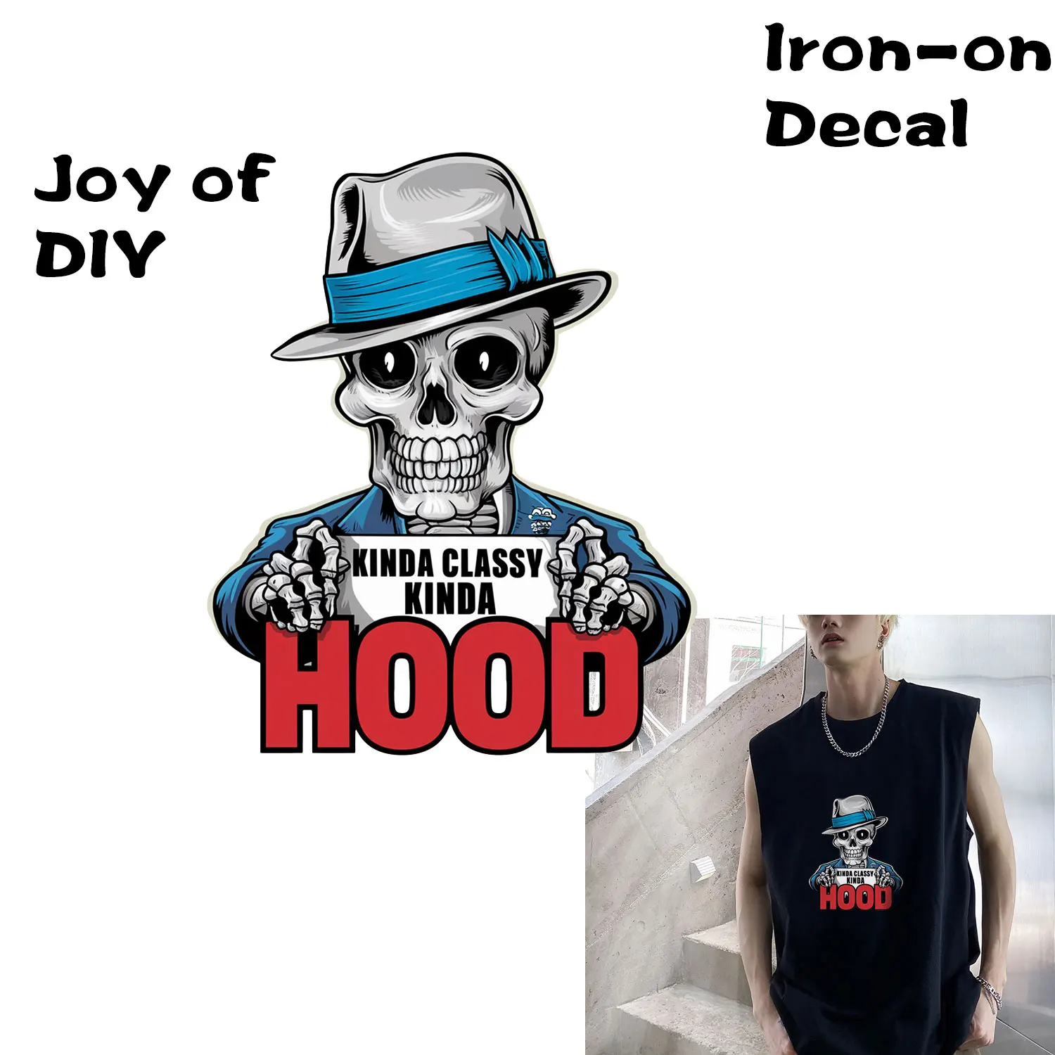 Iron on Decals Patches for Clothes Comic skull Fashion Cloth's Sticker Cool Quick Application, Instant Style DIY Decoration