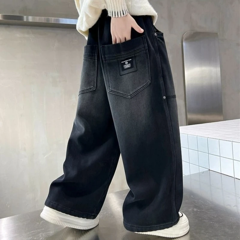 

Новые зимние утолщенные повседневные прямые джинсы на флисовой подкладке для мальчиков, осенне-зимние свободные джинсовые брюки для малышей и мальчиков 8-14 лет