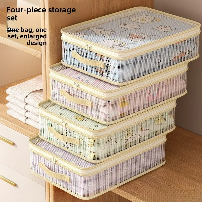 four-piece-set-clothing-storage-bags-wardrobe-cotton-quilt-transparent-dust-proof-divided-carry-on-travel-bag-organizer