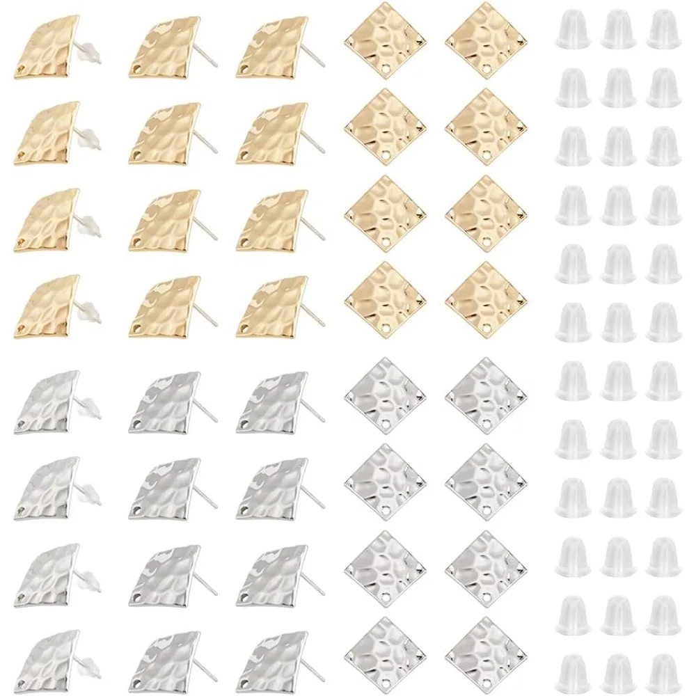 

40Pcs 2 Styles Rhombus Earring Findings 2 Colors Alloy Stud Earrings and Light Flat Earring Post Texture Stud Earring with Ear