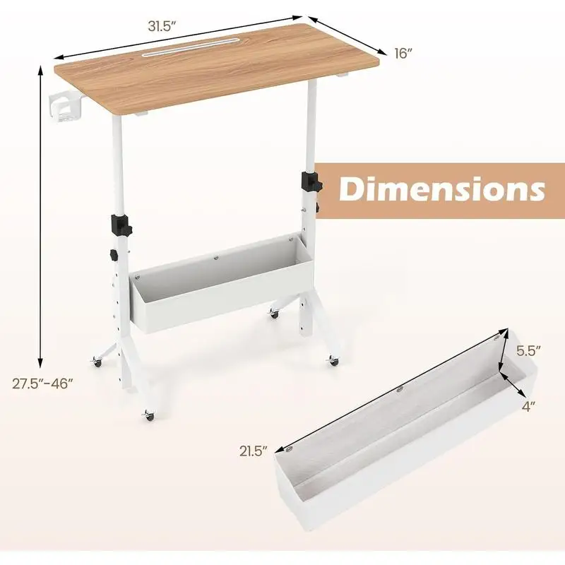 Rolling Laptop Desk, Height Adjustable Bedside Table, 45 Degree Tilting Top, Ergonomic Sit Stand Workstation with Locking Casters, Cup Holder, Storage Basket, for Sofa, Bedroom, Dorm, Home Office, Study, Drawing, Natural
