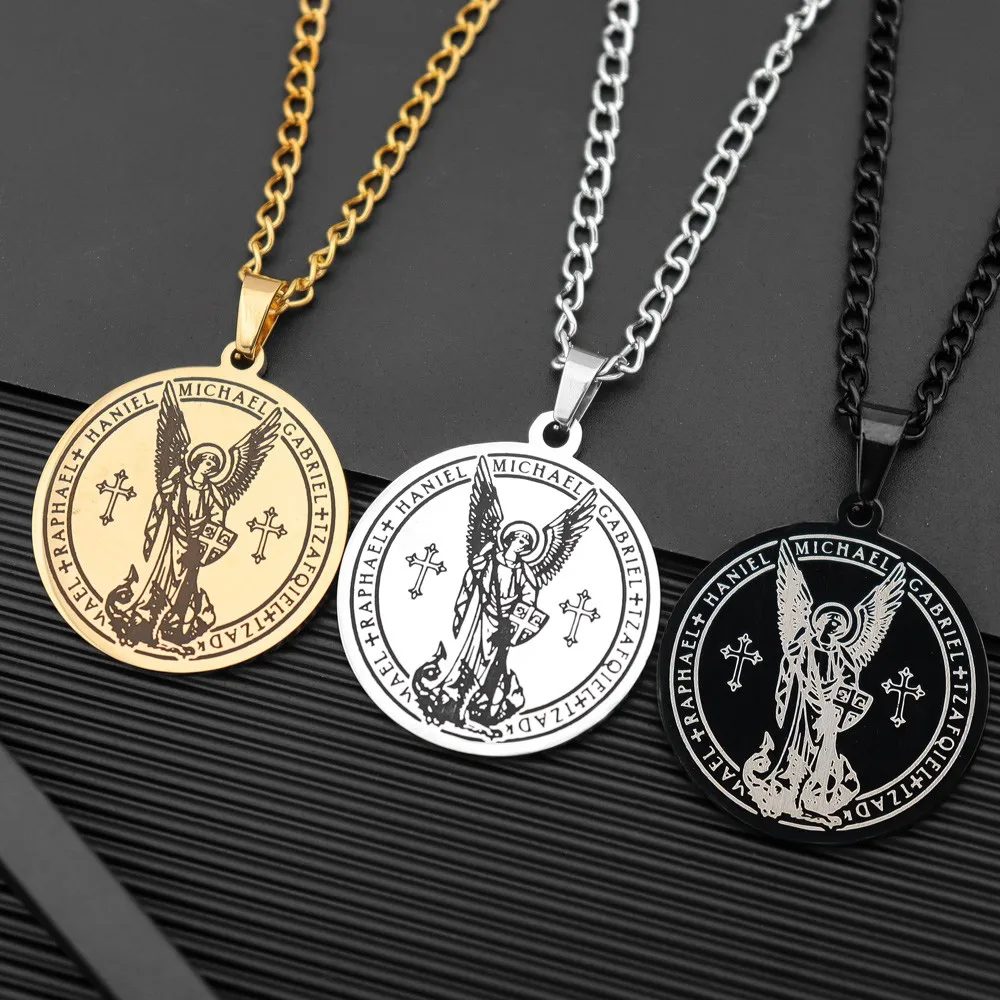 Archangel Michael Gabriel Raphael Haniel Round Pendant Necklace Vintage Stainless Steel Men Pendants Jewelry Fashion Accessories
