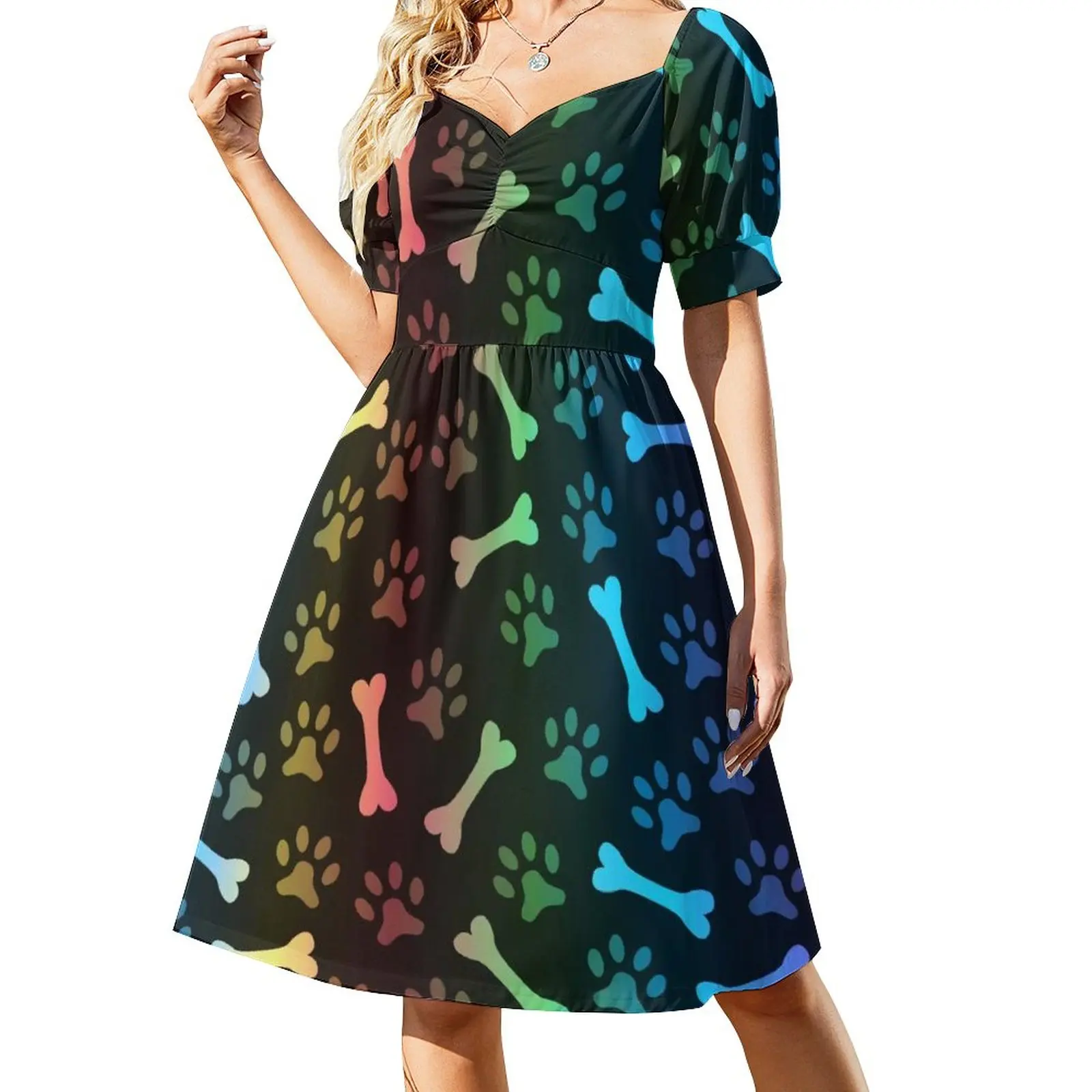 

Rainbow Paw Footprint Animal Pattern Casual Dress Street Style Dresses Sexy V Neck Elegant Design Dress Big Size