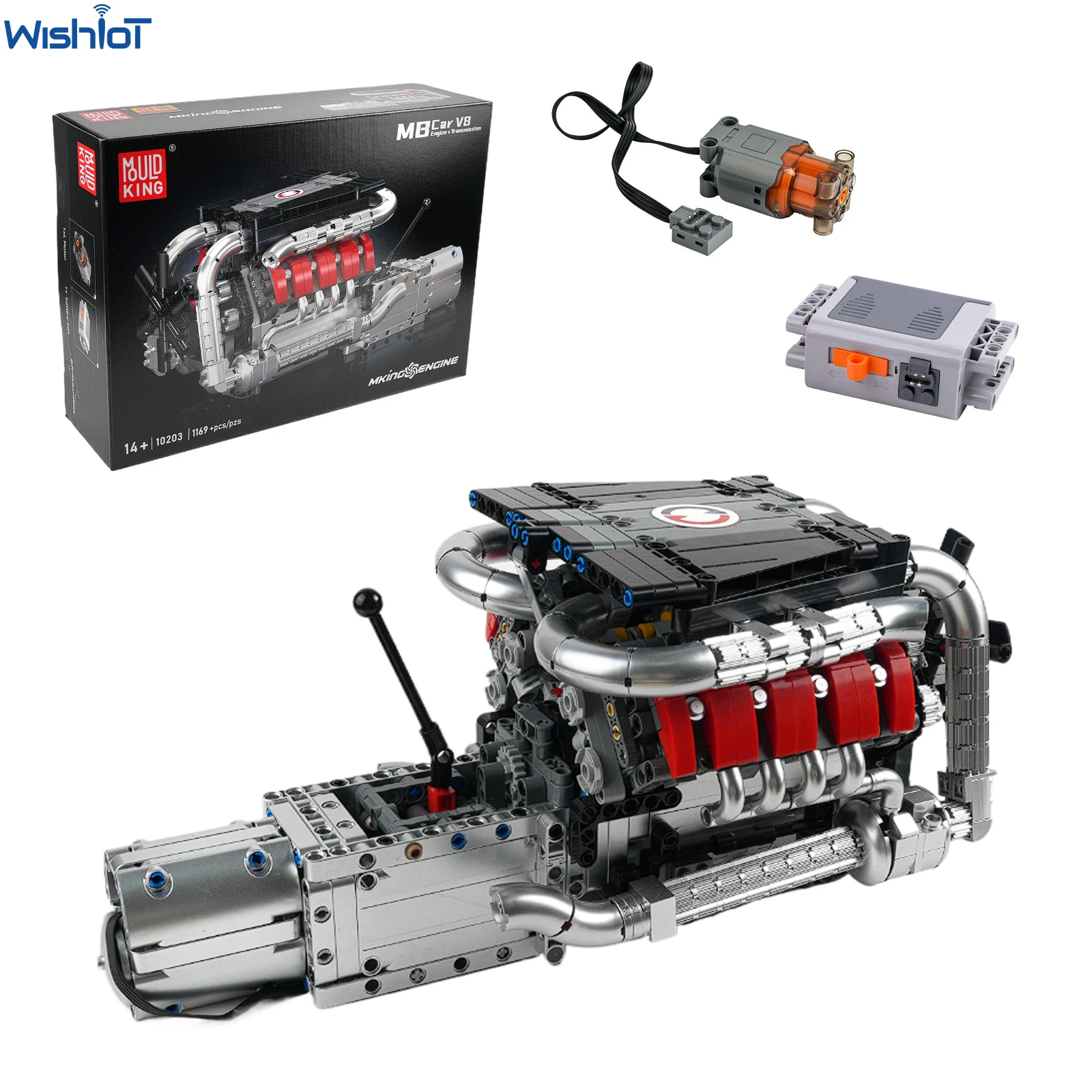 

Модель двигателя Mould King 10203 MB Merc V8 с коробкой передач, строительные блоки, технические детали автомобиля, L-мотор, аккумуляторный ящик, креативный подарок, игрушка