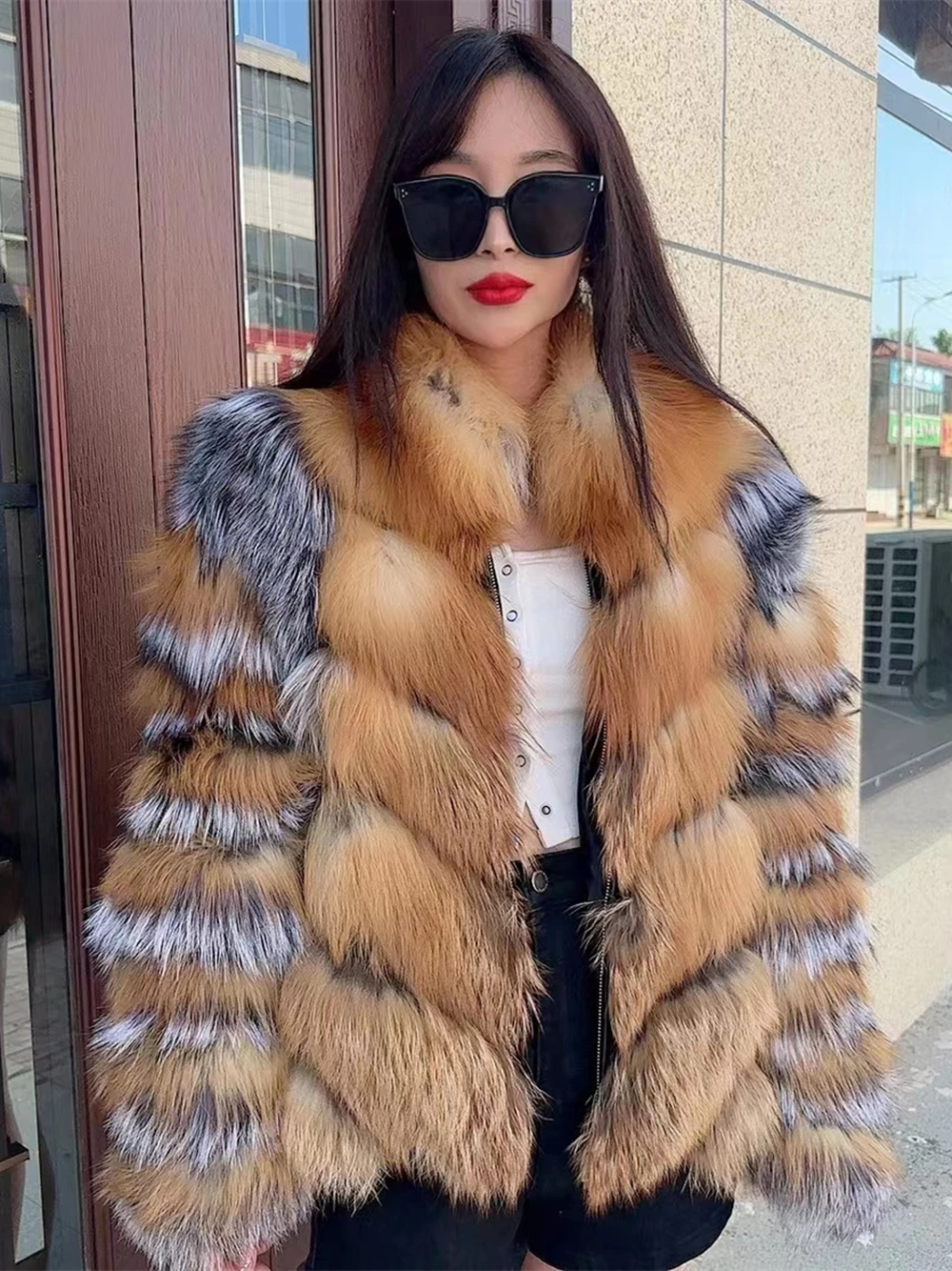 Short Red Fox Fur Jacket With Collar Women Luxury Plus Size Female Silver Fox Fur Coat Winter