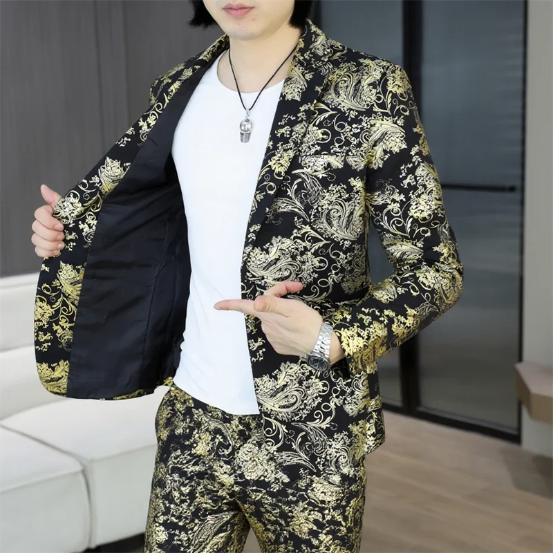 ( Blazers + Pants ) New Hot Stamping Printed Suit Slim Fit Clothing Fashion Men Business Social Wedding Party Thin Dress Set