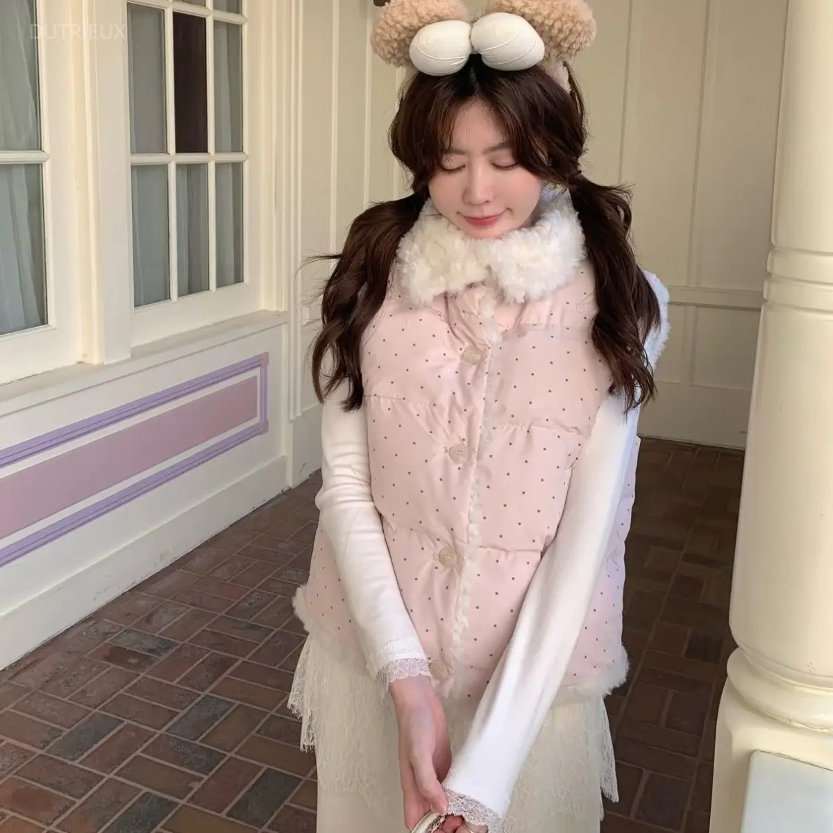 Polka Shoulder Cotton Jacket Sleeveless Vest Parkas Chaleco Mujer Waistcoat Women Sweet Lolita Fairy Japanese Kawaii Cuteore