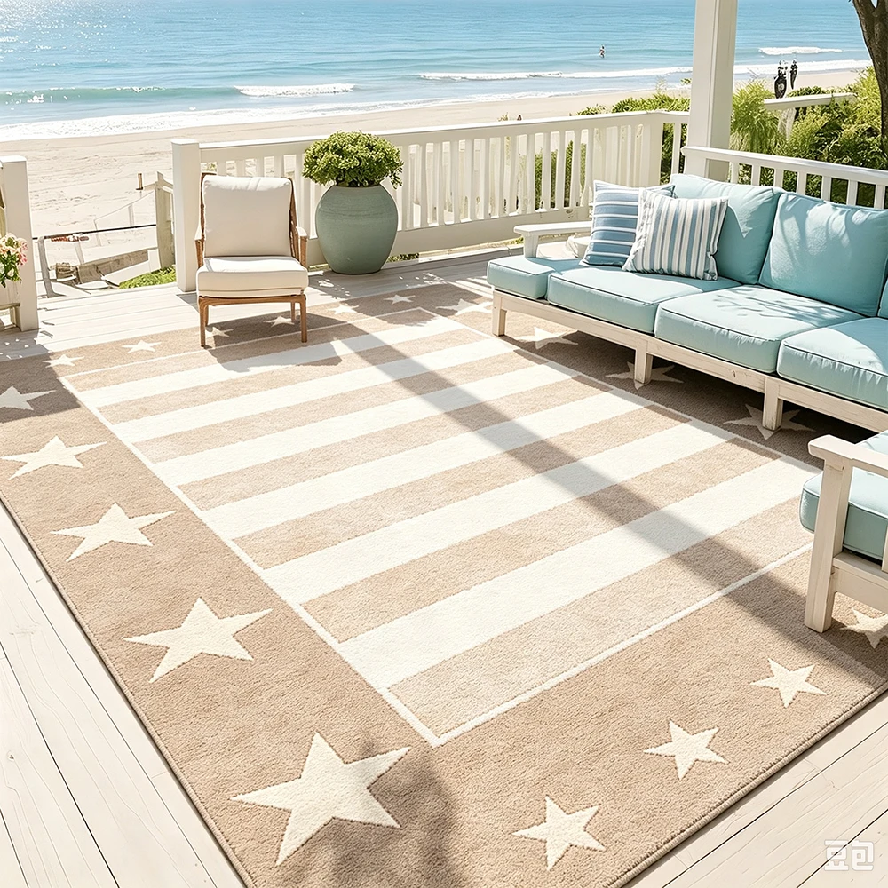 Area Rug Star Striped Patriotic Coastal Farmhouse Indoor Outdoor Decorative Floor Carpet for Patio Porch Living Room Home Decor