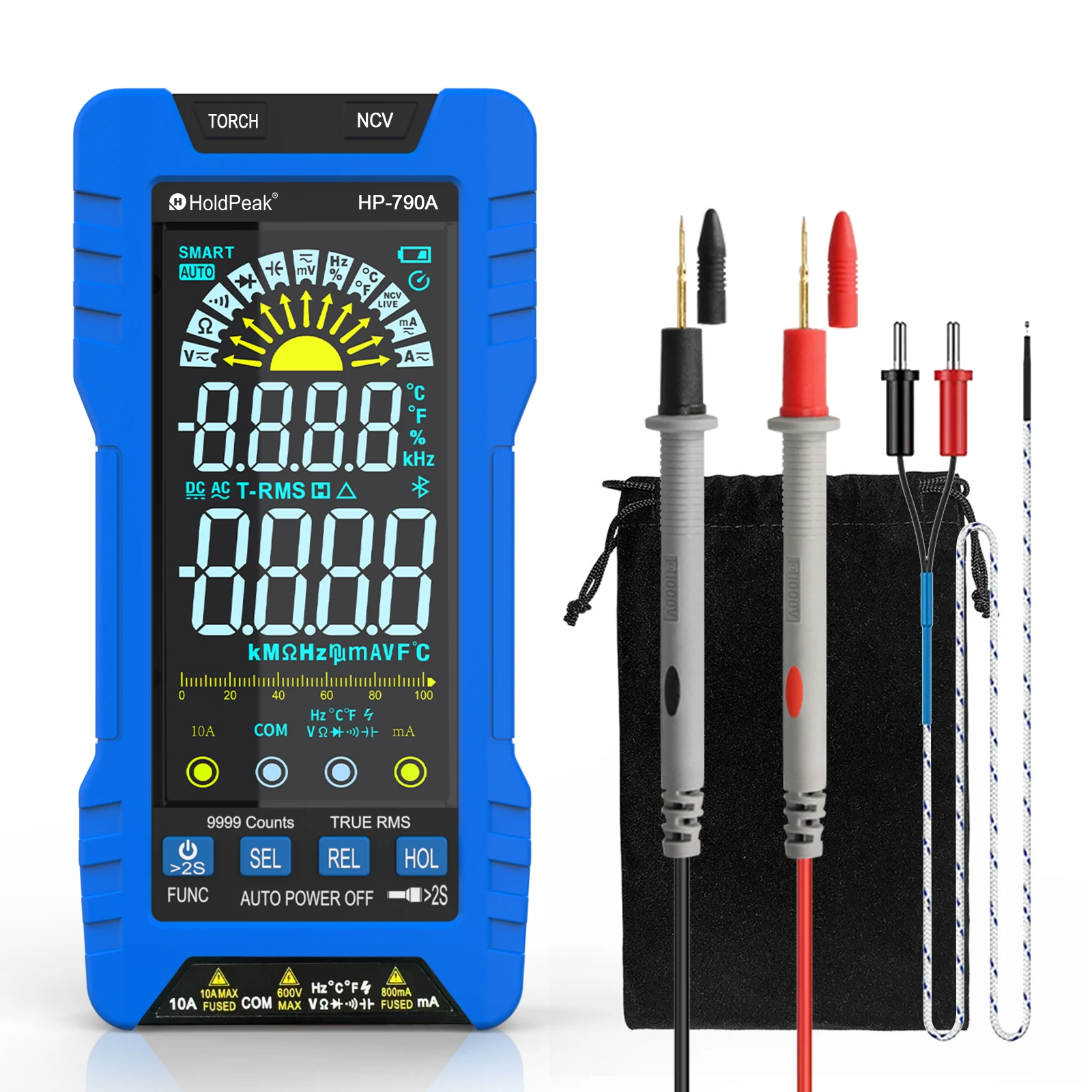 

HoldPeak 790A Digital Multimeter 6000 Counts Auto Select Auto Range, True RMS with Torch Measure DC AC Volt Current Resistance