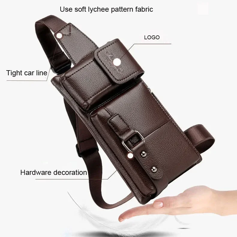 Fashion Men PU Leather Waist Bag Multi-pocket and Multiple Zipper Shoulder Bag Outdoor Sports Shopping Phone Messenger Bag