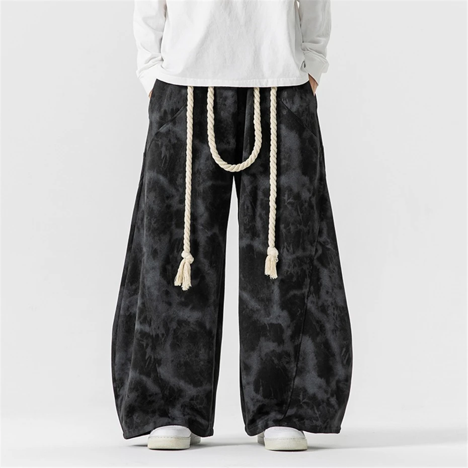 Streetwear Harajuku Tie Dye Pants Men Baggy Pants Rope Design Stretch Waist Trousers Male