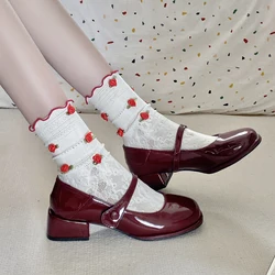 Retro czerwona buty Mary Jane kobiety grube obcasy klamra na kostce buty Lolita kobieta Student francuski kwadratowy obcas płytkie usta pojedynczy but