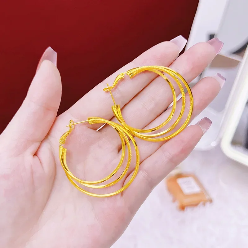 Luxury 24K 9999 Pure Gold real gold Multi-layer Ear Ring Fashion Elegant Ring Earrings Women's Ear Buckle