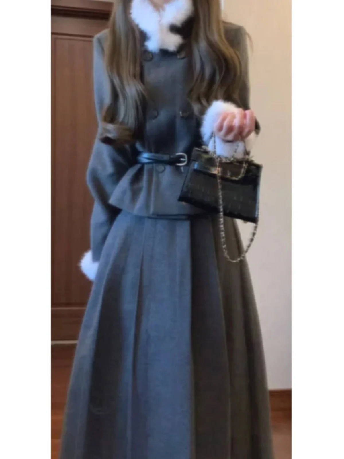 

Korean Style Rich Girl Spring Outfit Fur Collar Coat Pleated Skirt Two Piece Set Comfortable Short Sleeve Long Sleeve