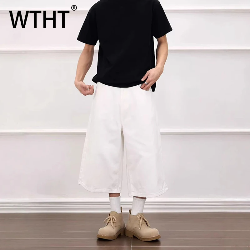 

WTHT Trendy Men's Solid Color Striped Loose Denim Short Pants Fashion 2026 Summer High-waisted Wide Leg Shorts Male 2A2967