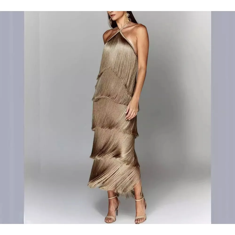 TWOTWINSTYLE Solid Spliced Tassel Dresses for Women Halter Sleeveless High Waist Temperament Dresses Female Fashion New