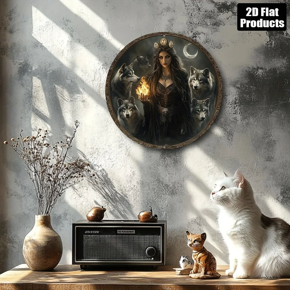 Hecate Goddess Gothic Round Metal Wall Art Sign 8x8 Inch - Dark Fantasy Aluminum Plaque for Home Bar Cafe Decoration
