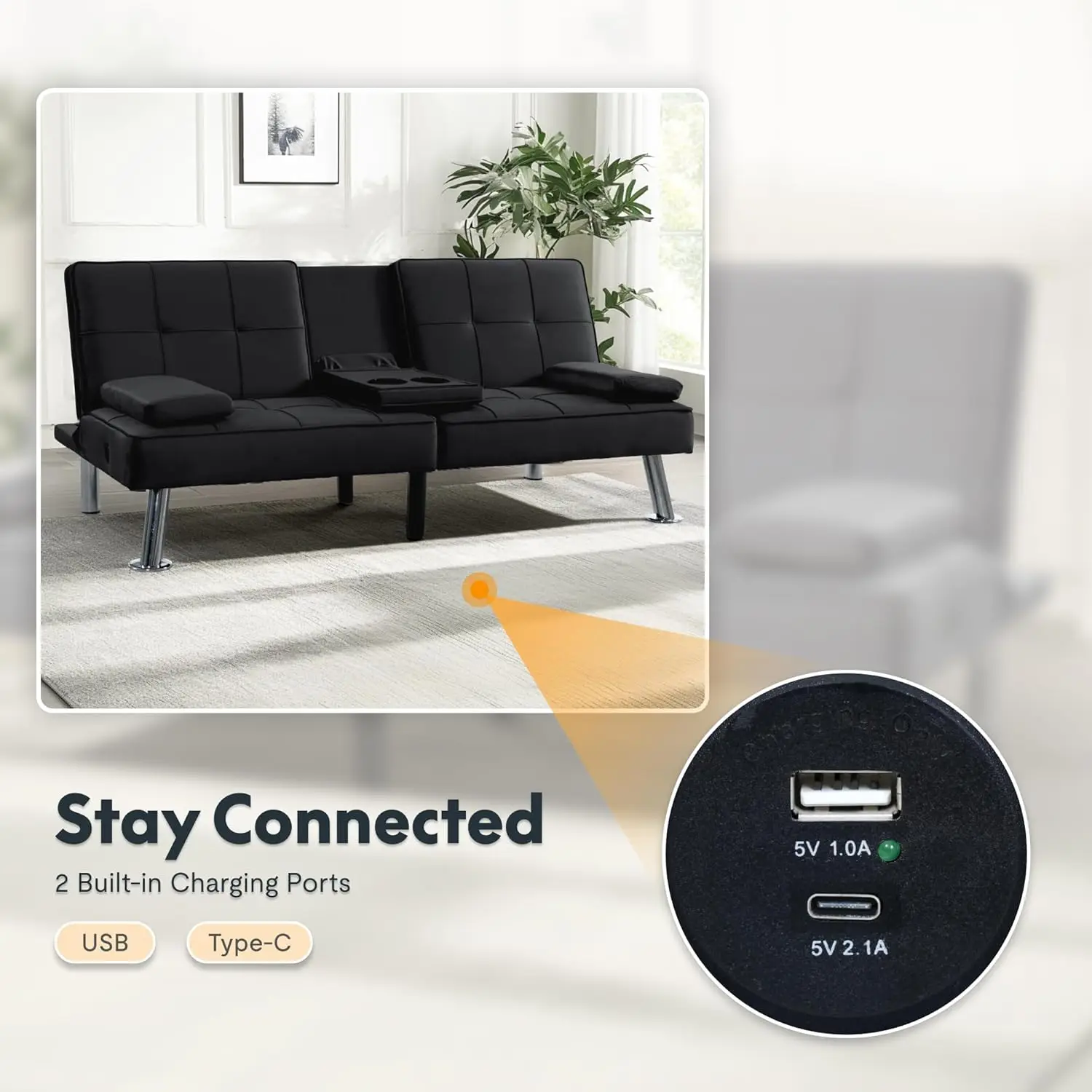 أريكة سرير فوتون مع منفذ شحن USB وType-C، أريكة نوم قابلة للتحويل مع مسند ظهر قابل للتعديل، مقعد Loveseat قابل للطي لـ Sm #3