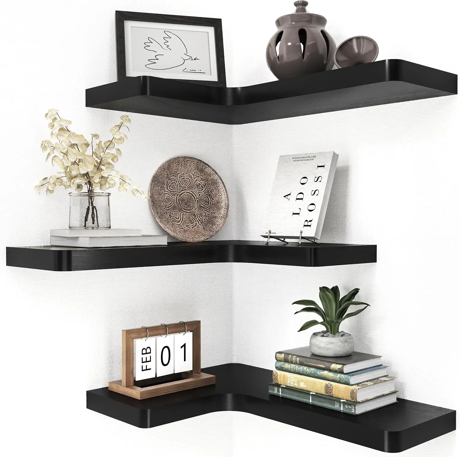 

Corner Floating Shelves for Storage, Set of 3, Solid Wood, Wall Mount Wooden Display Shelf for Bathroom Bedroom Kitchen
