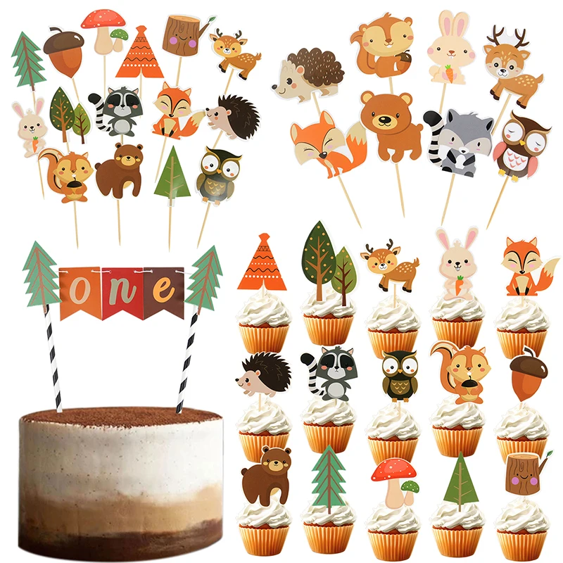 Safari Animals Cake Toppers Forest Fox Lion Zebra Cupcake Toppers For Kids Wold One Jungle 1st Birthday Party Cake Decor Tools
