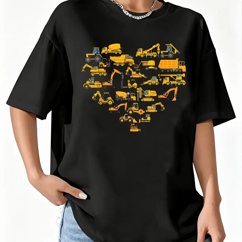 Types of Construction Excavator Bulldozer Truck Crane Women's 100% Cotton T-Shirt Fun Print Short Sleeve Top Casual Round Neck Tee S-5Xl