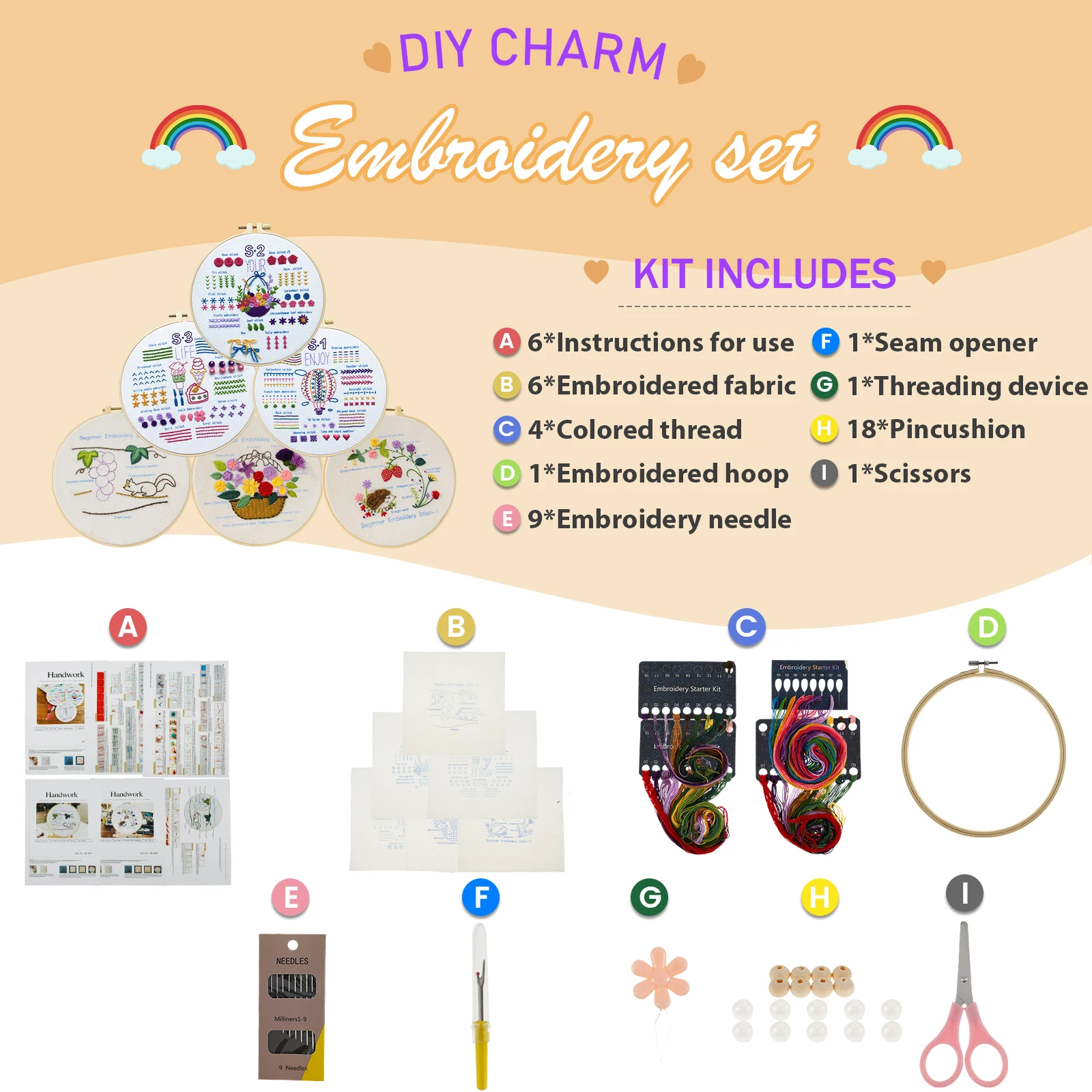 3Sets Embroidery Starter Kit for Beginners Adults Colorful Patterns Embroidery Stitch Ergonomic Embroidery Stitch Practice Kit